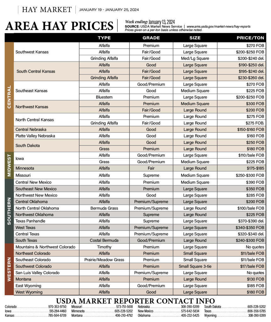 Area hay market report by type, size and price per ton.